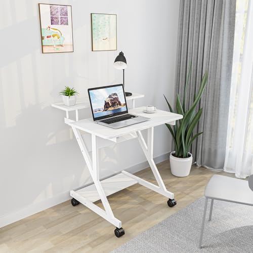 Dripex Computer Desk for Small Spaces, 27.5 inch Small Computer Desk, 3 Tier Compact Desk with Monitor Shelf and Bottom Storage Shelves, Space Saving Desk, White - Image 2