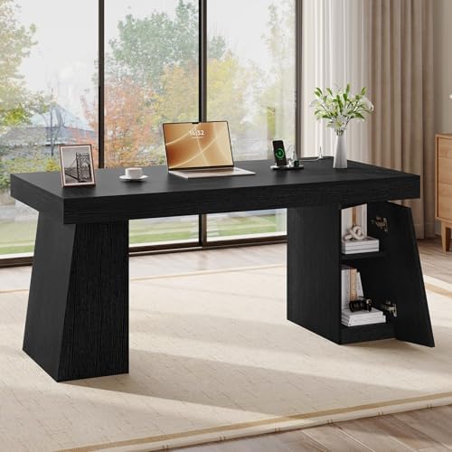 55.9" Wood Executive Desk with Storage, Modern Home Office Desk (Black) - Image 4