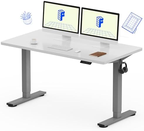 FLEXISPOT EN1 One-Piece Standing Desk, Electric Adjustable with 4 Memory Presets, 176 LBS Capacity, Stable & Quiet, Seamless Desktop for Home Office & Dual Monitors, 55"x28" White(Silver Frame) by Unknown