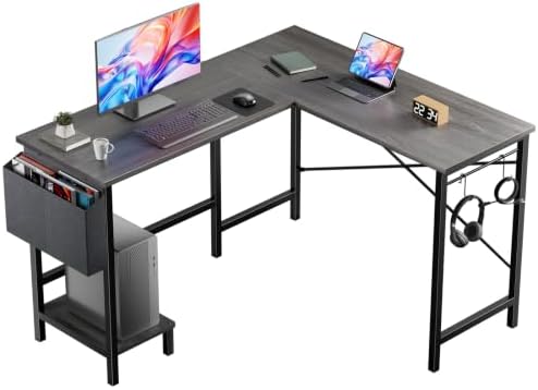 DUMOS L Shaped Computer Corner Desk with PC Stand, Grey by DumosLifestyle
