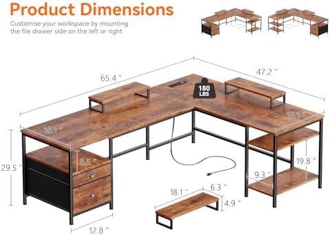 Furologee 66” L Shaped Desk with Power Outlet, Reversible Home Office Desk with File Drawer, 2 Monitor Stands, Storage Shelves, Corner Computer Table for Gaming, Writing, Rustic Brown - Image 3