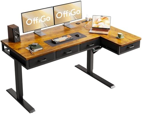 OffiGo 55 Inch L Shaped Electric Standing Desk with 4 Drawers, Rustic Brown by OfficeGo-ForHomeOfficeWork