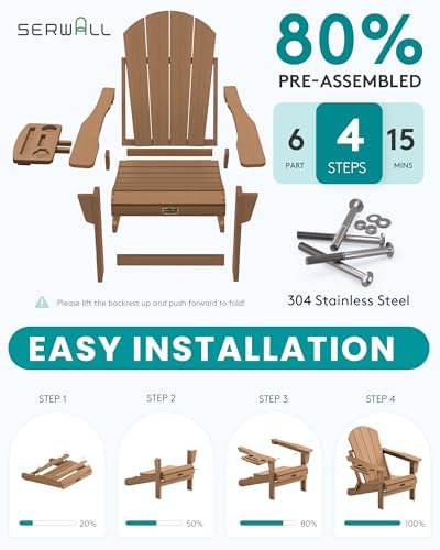 SERWALL Folding Adirondack Chair with Cup Holder, Outdoor Patio Chair, Brown, Set of 4 - Image 3