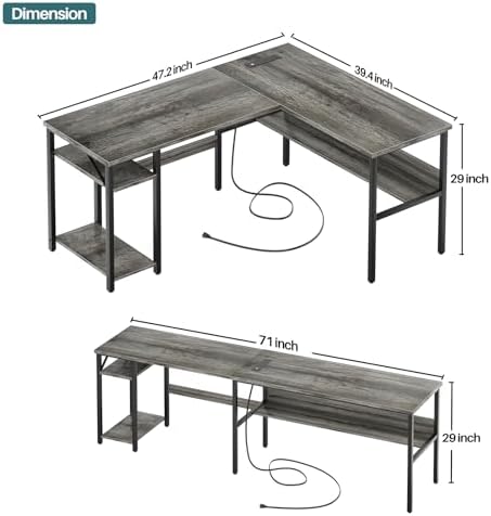 Unikito Reversible L Shaped Desk with Magic Power Outlets and USB Charging Ports, Sturdy Corner Computer Desk with Storage Shelves, Gaming Desk for Home Office, Easy to Assemble, Black Oak - Image 3