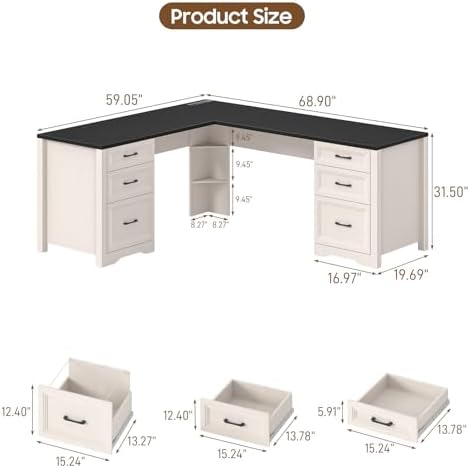 Vabches Wood L Shaped Executive Desk with 6 Drawers, Farmhouse Home Office Desk with Power Outlets and Triangle Under-Desk Storage Shelf & Drawer File Cabinet, Corner Computer Desk, Black - Image 2