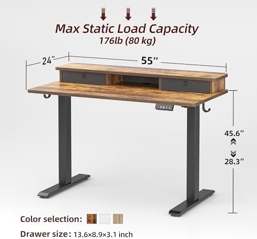 TIQLAB Standing Desk with Two Drawers, Stand Up Standing Desk Adjustable Height, Electric Sit Stand Table with Storage Shelf and Splice Board, 55 * 24 inch, Rustic Brown - Image 3