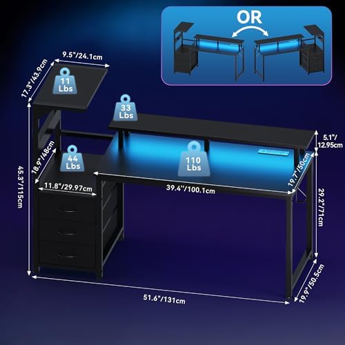 52" Reversible Gaming Desk with LED Lights Power Outlets, Black - Image 2