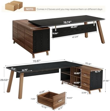 Tribesigns 78.7" L-Shaped Executive Desk, Modern Office Desk with File Drawers & Storage Shelves, Large Computer Desk with 55-Inch Cabinet, Business Workstation for Home Office, Black & Walnut - Image 2