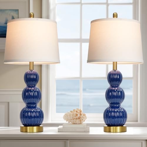 28" Navy Blue Table Lamps Set of 2 for Living Room, Modern Ceramic Bedside Lamps for Bedroom, Ribbed Gourd Table Lamps for Nightstand (2 LED Bulbs Included) by Luxeflow