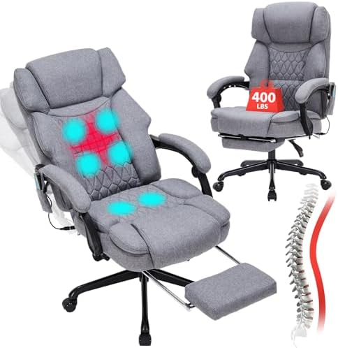 Massage Office Chair with Foot Rest 6 Points Vibration and Heat Home Office Desk Chairs for Heavy People 400lbs Reclining Managerial Chairs Ergonomic Executive Chair (Grey) by BUYNOW