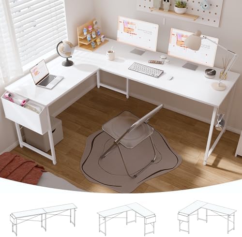 Pamray 64.5 Inch Reversible L Shaped Gaming Desk Large Corner Computer Desk with Storage Bag Home Office Table for Writing Study White by PAMRAY