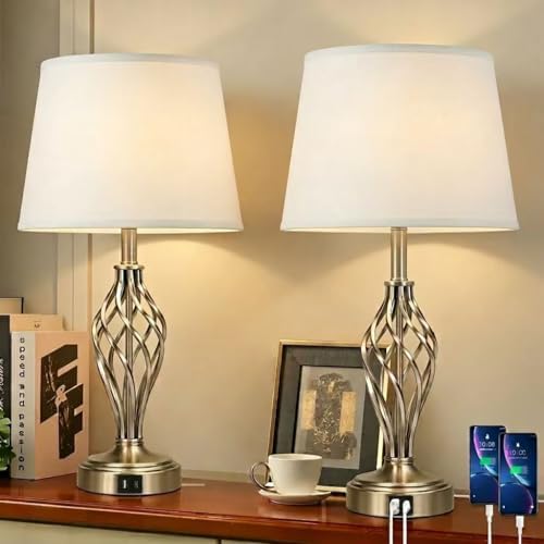 Ruiever Touch Table Lamps Set of 2, nightstand lamp with USB Ports Bedside 3 Way Touch dimmer Desk lamp for Living Room Bedroom,Nickel Plated Spiral cage Base Design Warm White dimmer Bulbs Included. by Ruiever