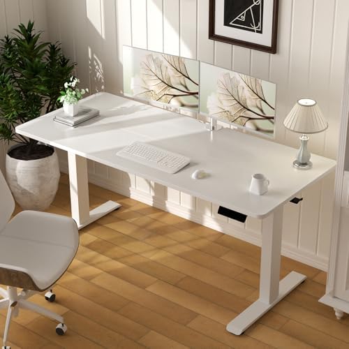 Veken 55 x 23.6 Inch Electric Standing Desk with Adjustable Height, Sit to Stand Computer Table for Study, Work or Gaming, Home Office Desk White - Image 2