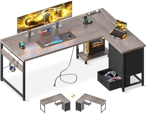 AODK 61" L Shaped Gaming Desk with 4 Drawers and Power Outlets, Grey by AODK