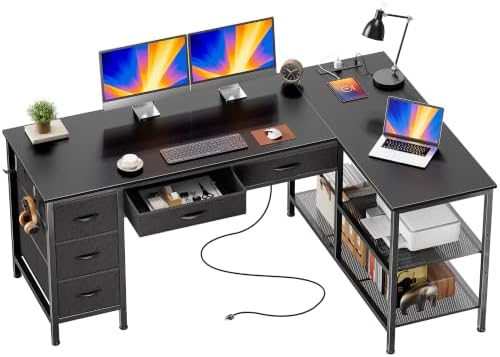 PRAISUN 55 Inch L Shaped Desk with Power Outlets, 5 Fabric Drawers by PRAISUN