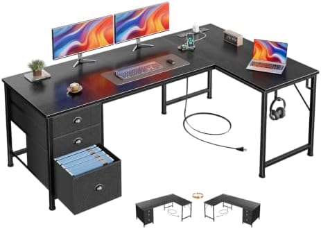 Furologee 55" L Shaped Desk with Power Outlets & USB-C Port, Reversible Corner Computer Desk with File Drawers, Work Study Gaming Table for Home Office, Dorm, Black by Furologee