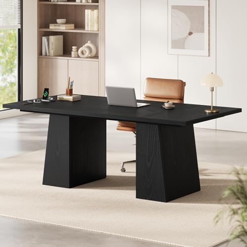 UPOSOJA 63 in Executive Desk with Power Outlets, Modern Home Office Desk with Storage Cabinet, Wood Computer Desk Business Workstation Desk Conference Table Black - Image 6