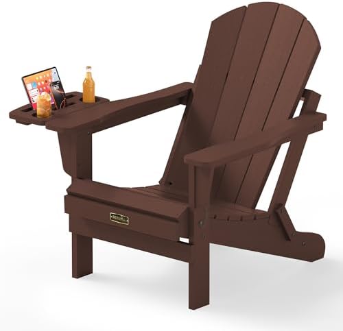 SERWALL Folding Adirondack Chair with Cup Holder, Outdoor Patio Chair, Coffee by SERWALL
