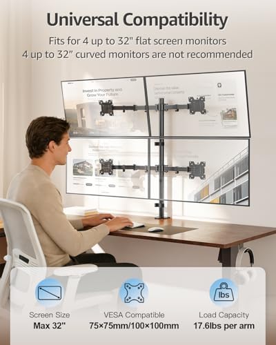 MOUNTUP Quad Monitor Stand, 4 Monitors Desk Mount for 17 to 32 inch Computer Screens, Fully Adjustable Stacked Mount with Tilt Swivel, 4 Heavy Duty Monitor Mount, Holds up to 17.6lbs per Arm - Image 2