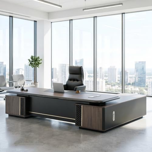 Executive Office Desk with Storage Cabinet,Modern l Shaped Executive Desk,50MM Thick Desktop for CEO Office, Reception & Commercial Workspace by Unknown