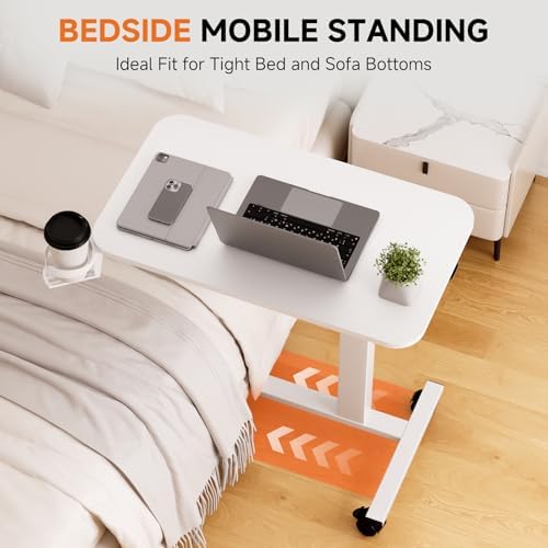 GTPLAYER Small Standing Desk with Lockable Wheels, Pneumatic Mobile Rolling Laptop Desk,Adjustable Height Overbed Bedside Table Computer Workstation for Home Office (28" W x 16" D, Matte White) - Image 5