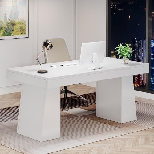 Tribesigns 55 Inches Executive Desk, Mid-Century Modern Home Office Desk, Wood Computer Table Business Workstation Small Conference Table, White - Image 4