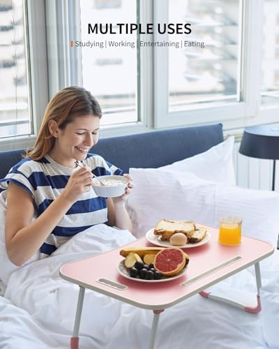 FISYOD Foldable Laptop Table, Portable Lap Desk Bed Table Tray, Laptop Stand with Cup Holder & Tablet Slot & Lifting Handle for Working Writing Drawing & Eating (Light Pink) - Image 3