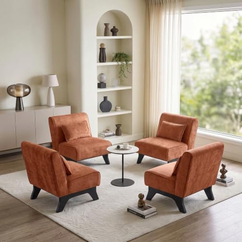 Upholstered Armless Accent Chair Set of 4,Modern Comfy Living Room Chairs with Wooden Legs& Pillows,Lounge Sofa Side Chair for Bedroom Farmhouse Reading (4 PCS,Tangerine) by womina
