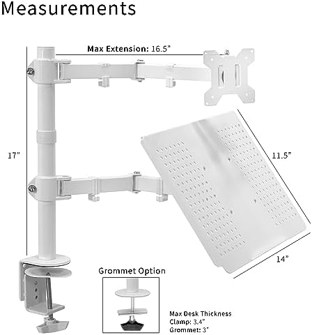 VIVO Fully Adjustable 13 to 32 inch Single Computer Monitor and Laptop Desk Mount Combo, Stand with Grommet Option, Fits up to 17 inch Laptops, White STAND-V002CW - Image 4