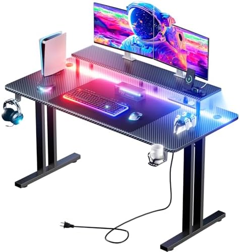 HLDIRECT 47 Inch Gaming Desk with LED Lights & Cable Management, Black by HLDIRECT