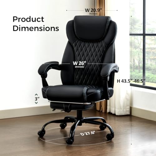 amseatec Big and Tall Office Chair with Footrest, Lumbar Support, Black - Image 3