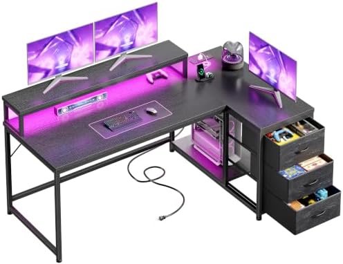 EnHomee 55" L Shaped Gaming Desk with 3 Storage Drawers & LED for Bedroom by EnHomee