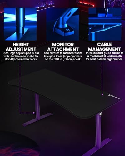 Arozzi Arena Ultrawide Curved Gaming and Office Desk with Full Surface Water Resistant Desk Mat with 3 Custom Monitor Mount Cut Outs and Under The Desk Cable Management Netting - Deep Purple - Image 5