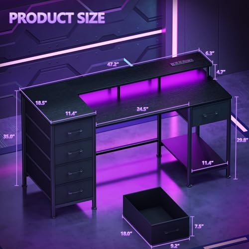 Korfile 47 Inch Gaming Computer Desk with Power Outlets,LED,5 Drawers,Black - Image 2
