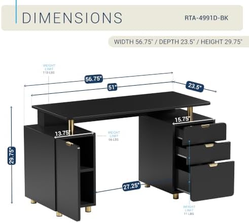 Techni Mobili 57"W Computer Desk w/ 3 Drawers & Storage Cabinet, Black/Gold - Image 3