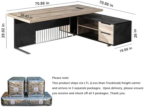 70.86 inch Inch Large Executive Desk with Drawers Cabinet, L Shaped Office Desk, Computer Desk with Universal Charging Ports and Cable Management for Business Furniture Set Workstation for Home Office - Image 2