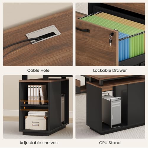 71" L Shaped Corner Home Office Desk, Large Executive Computer Desk with Lockable File Cabinet, 2 Drawers, Storage Cabinet, Power Outlets, CPU Stand, Storage Shelves & Modesty Panel, Walnut - Image 6