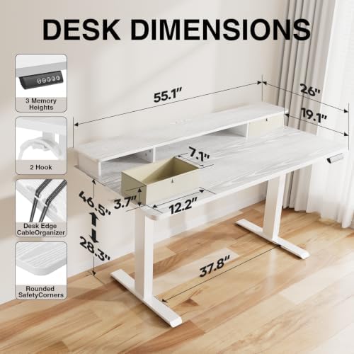 Veken 55x26 in Electric Standing Desk with Drawers, Adjustable Table, White - Image 3