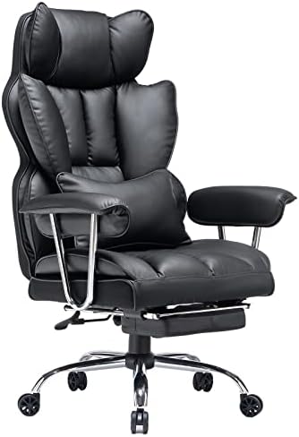 Efomao Big and Tall Office Chair with Foot Rest 400LBS, PU Leather Computer Chair, Heavy Duty Executive Office Chair with Lumbar Support, Black Home Office Chairs by OFFICECHAIR