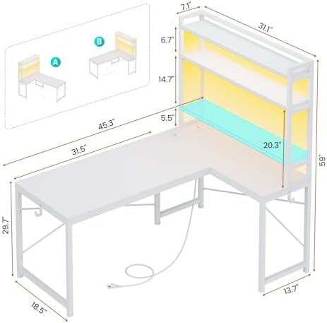 SEDETA White Corner Desk, Reversible 45.3” Small Computer Desk with Power Outlet and LED Lights, Corner Computer Desk with Hutch, Storage Shelves and Hooks for Small Space - Image 2