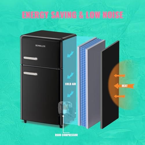 DEMULLER 100L Black Mini Fridge 2 Door Compact Refrigerator with Freezer, Small Refrigerator with 7 Adjustable Temperature Control, 2 Removable Glass Shelves and 1 Crisper Drawer - Image 5