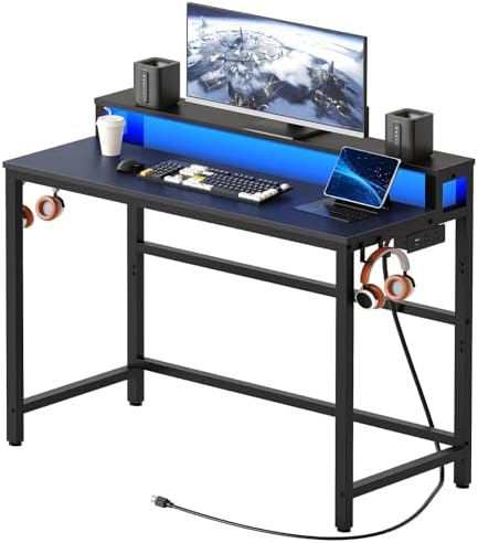 YATINEY Small Computer Desk with Charging Station and LED Lights, Gaming Desk with Monitor Stand, 2-Tier Home Office Desk with 4 Side Hooks, for Living Room, Home Office, Black DN01UDBBY2 by Yatiney