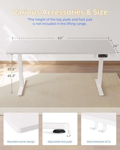 YIHAYO Electric Standing Desk, 63 x 24 Inches Stand Up Desk with Splice Board, Adjustable Height Desk, Computer Desk for Home Office, White Frame/White Top - Image 3