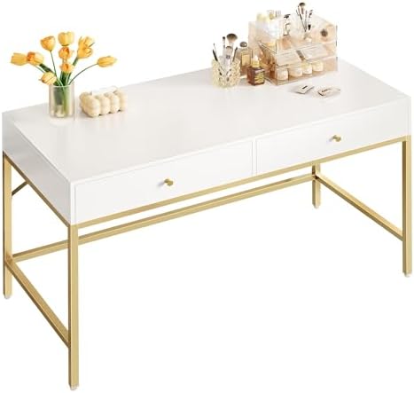 SUPERJARE White and Gold Vanity Desk with Drawers, 47 inch Computer Desk by SUPERJARE