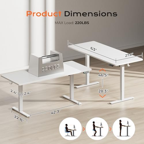 Huuger 63 x 28 Large Electric Standing Desk, Height Adjustable Computer Desk, 27.6" Deep Desktop, Stand up Gaming Office Table with 2 Hooks, 3 Preset Heights, for Home Office, White - Image 2