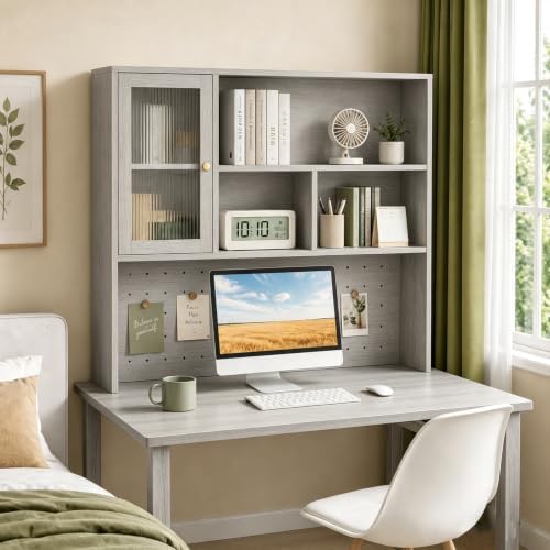 LINLIUA Desktop Bookshelf, Desk Hutch Dorm with Pegboard, Desk Shelves for Top of Desk, Wood Desktop Storage Rack with Cabinet Door, Countertop Bookcase for Office Dorm Home Study by LINLIUA