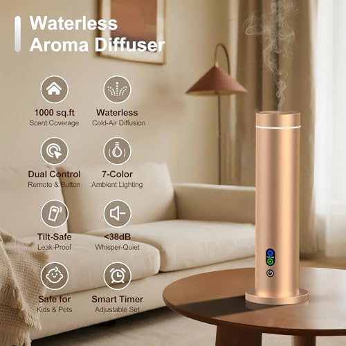 Maromalife Waterless Diffuser, Essential Oil Diffuser, 1000 Sq.Ft Coverage Scent Diffuser – Plug-in Only, Adjustable Mist, Remote, Mood Lights for Home & Office, Large Room, Hotel, Gold - Image 2