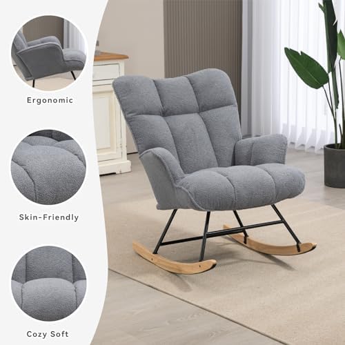 SAETSFEG Rocking Chair Nursery Teddy Upholstered Glider Rocker Rocking Accent Chair Padded Seat with High Backrest Armchair Comfy Side Chair for Living Room Bedroom Offices (Darkgrey Teddy) - Image 3