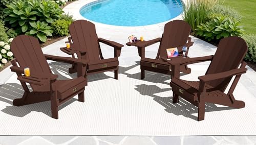 SERWALL Folding Adirondack Chair with Cup Holder, Outdoor Patio Chair, Coffee - Image 2