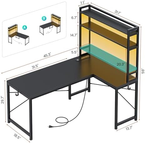 SEDETA L Shaped Gaming Desk, Reversible 45.3” Small Corner Desk with Power Outlet and LED Lights, Corner Gaming Desk with Storage Shelves, Hooks for Small Space, Black - Image 2